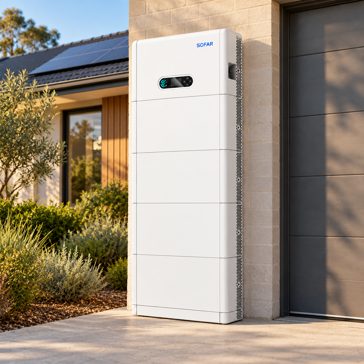 Product illustration of a SOFAR inverter and four battery modules beside a modern house with rooftop solar